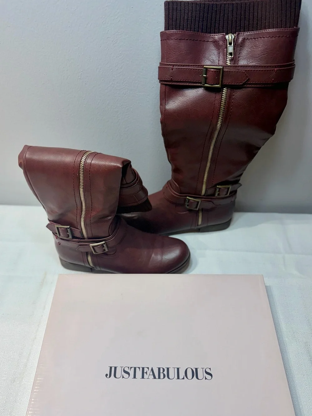 JustFab Wine-Red Tall Riding Boots with Knit Cuff & Buckle Details